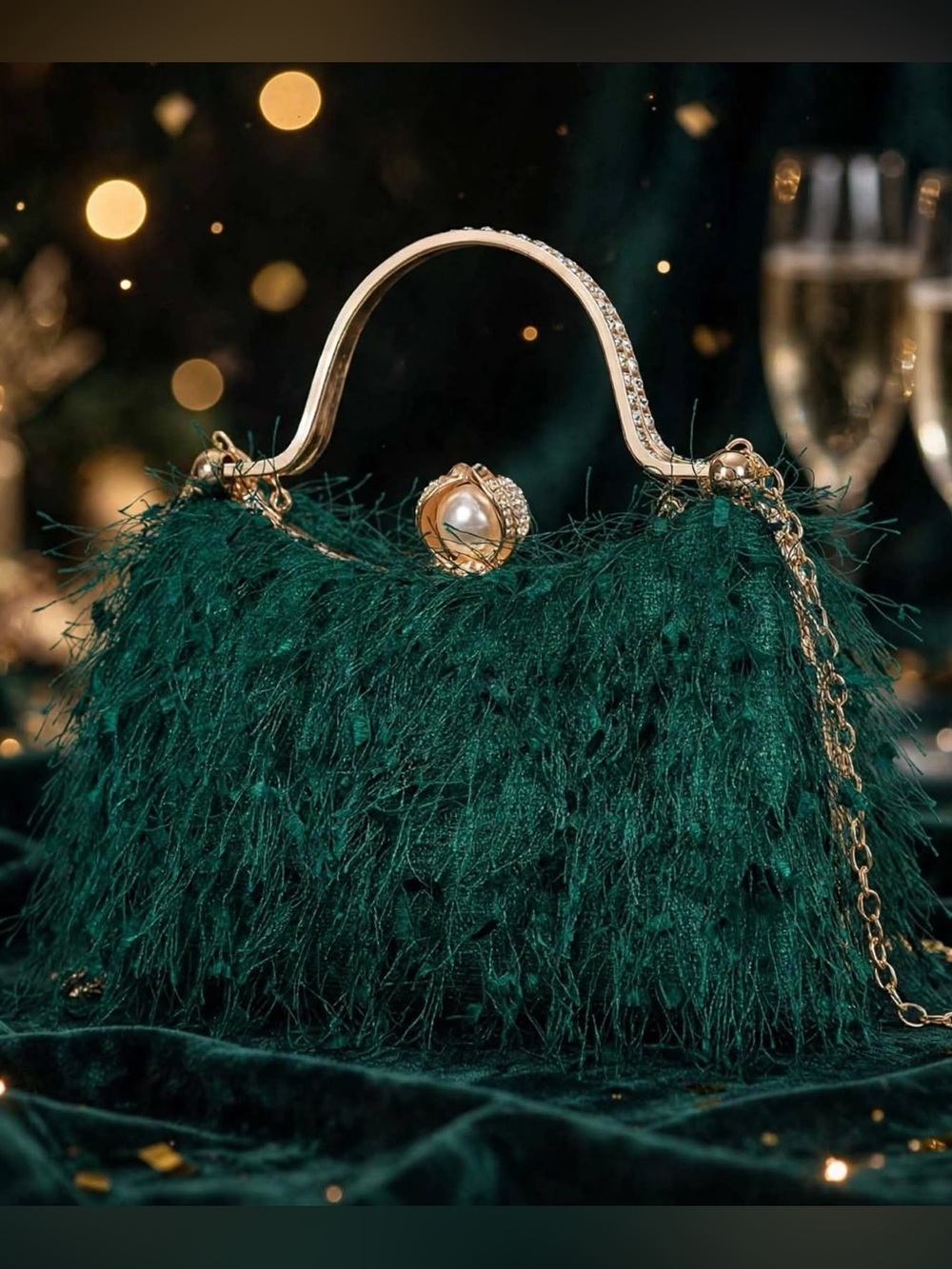 Emerald Feather-Texture Evening Bag - Green
